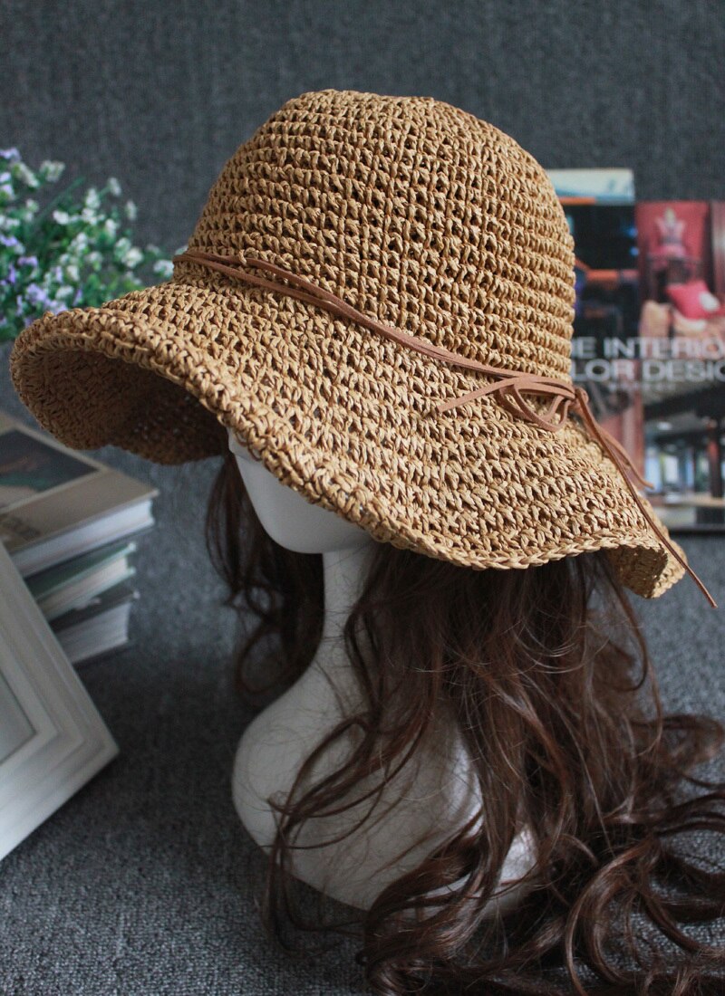 Enkle damer solhat til kvinder bowknot raffia stråhat foldbar sommer hat bred rand strand hat kvinde chapeau femme: Hat lys kaffe