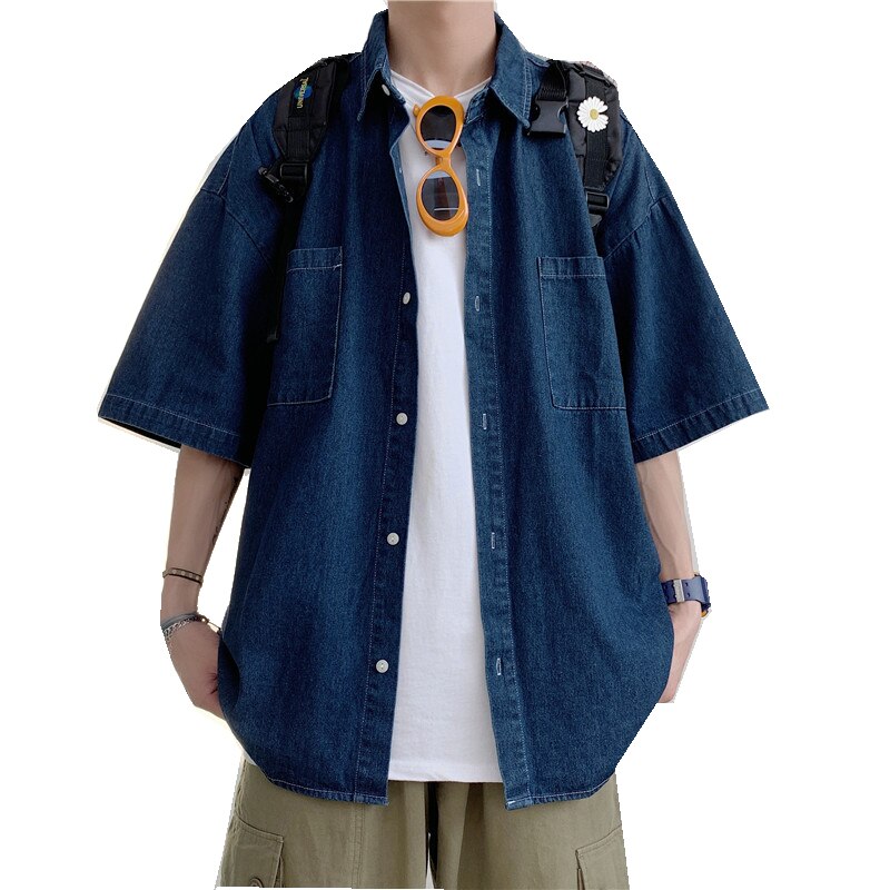 2021Mens Summer Denim Shirts Thin Short Sleeve Soft Cotton Shirt Men Pockets Slim Slight Elastic Jeans Cowboy Shirt