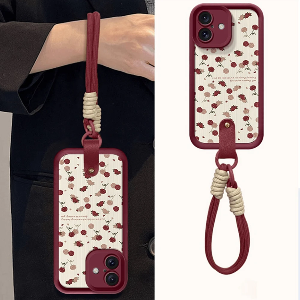 Luxus Rose Blume Gurt 16 Handyhüllen für iPhone 13 11 14 15 Plus 12 16 Profi Max X XR XS 15Profi MAX Hülle Silikon Schlüsselband Startseite: Leinwand / Schwarz