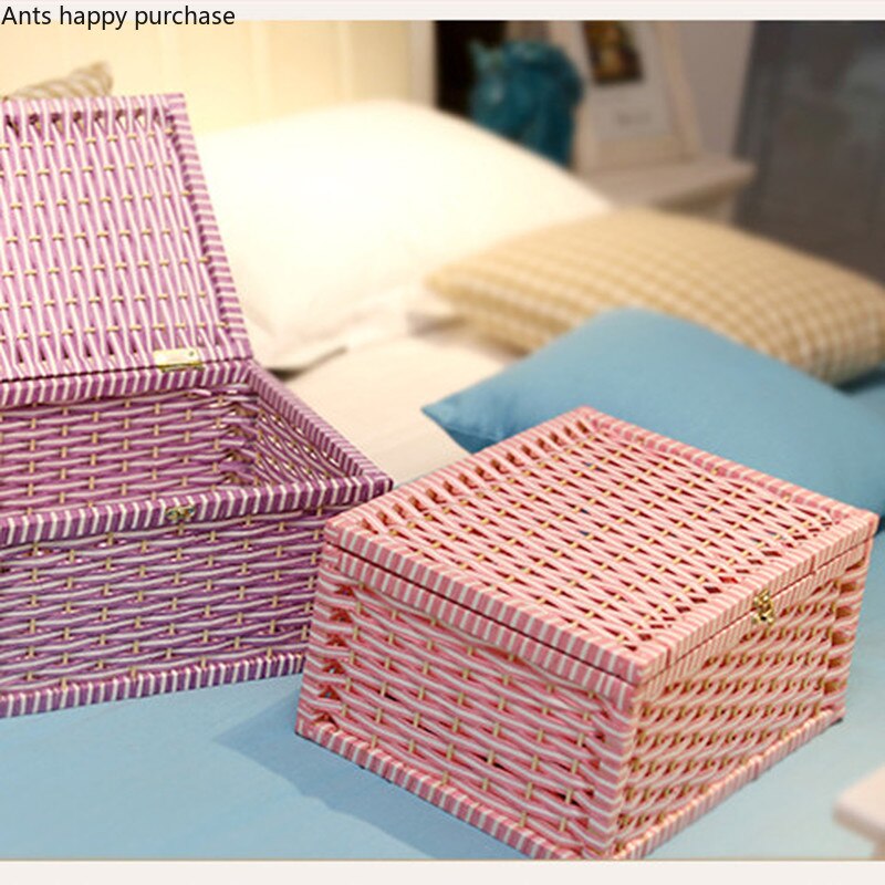Rattan Weaving Storage Box with Lid Household Desktop Debris Storage Box Living Room Snacks Bedroom Clothing Storages Basket
