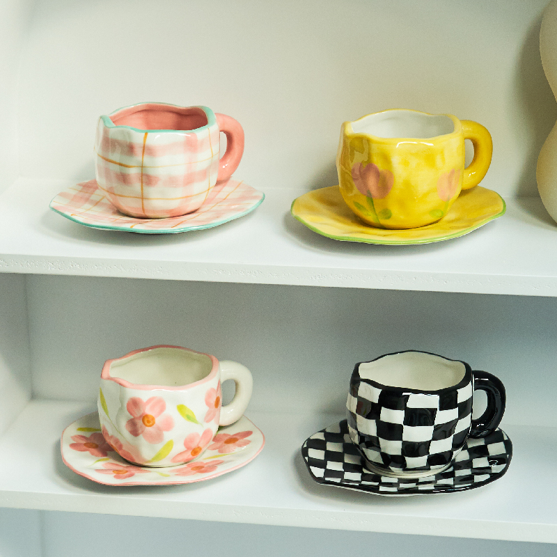 Nordic Monochrome Cup Black and White Checkerboard Mug Ceramic Cup Ins Coffee Cup Dish Afternoon Tea Cups Mugs