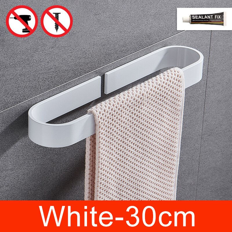 Self-adhesive Black Bath Towel Holder Bathroom Towel Rack No Punch Towel Rail Rack Towel Holder Bath Storage Shelf ML65B: White-30cm