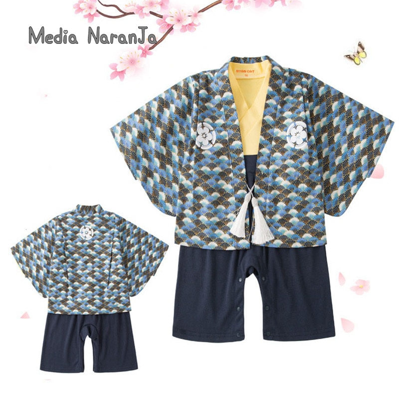 Bébé garçon springfall à manches longues infantile enfant en bas âge bleu fleur impression vêtements d'extérieur + barboteuse kimono costume style japonais vêtements