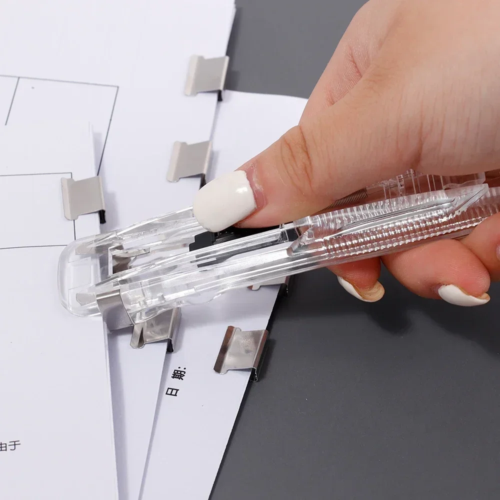 Staple Metal Clip Push Hand Paper Clipper with Refill Fixing Organizing Stapler Reusable Push Clamp for Document File Stationery