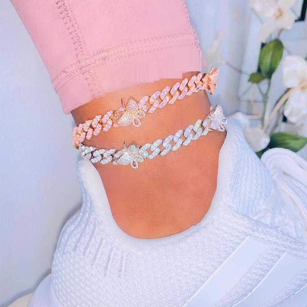 sommer neue Tennis Rosa Fußkettchen Kette Schmuck charmant kubanisch Verknüpfung Strass Mini cz gepflasterte Schmetterling Fußkettchen