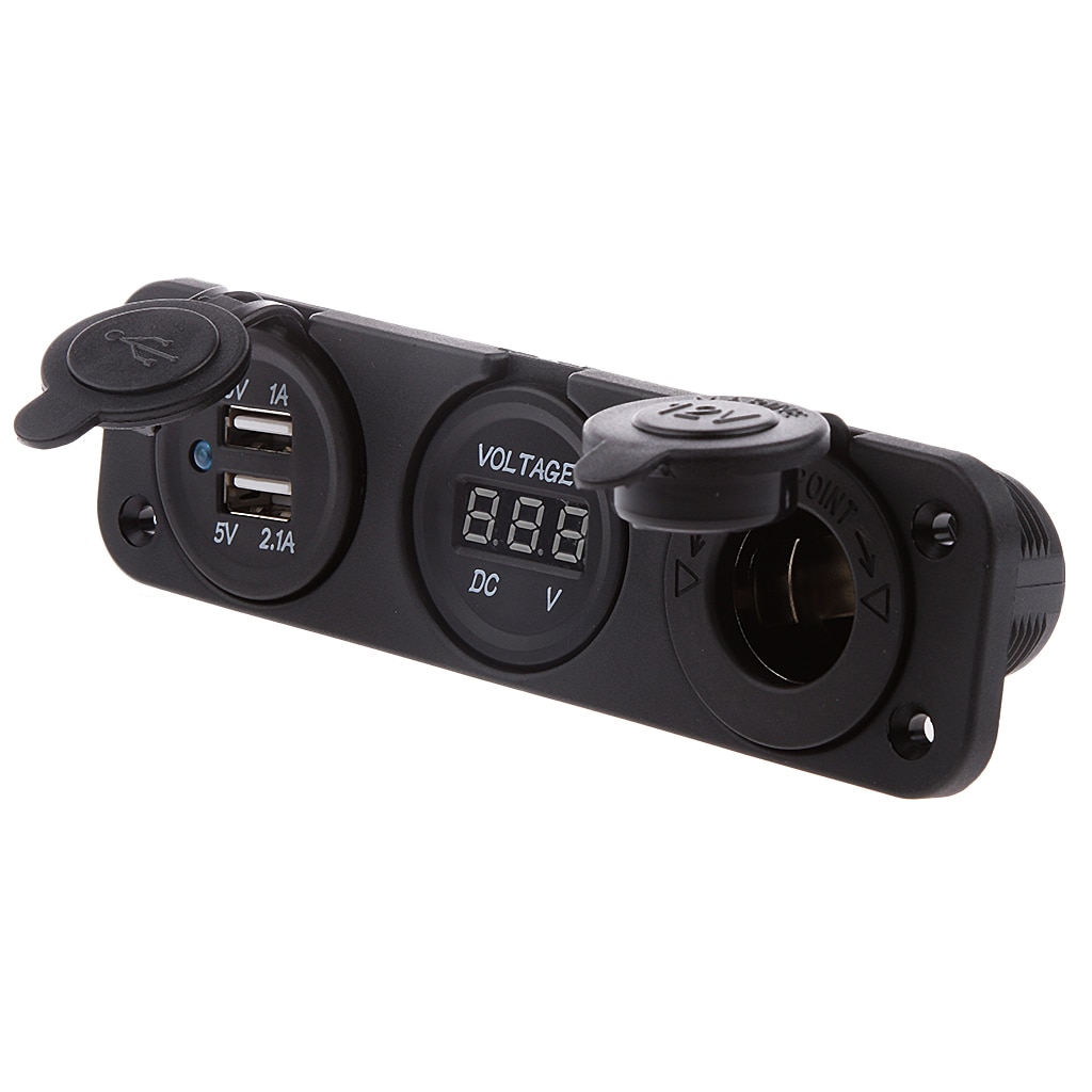 Marine 12V Cigarette Lighter Socket &amp; Voltmeter &amp; USB Charger 5V 1A 2.1A for Motorbike Boat Caravans Splashproof