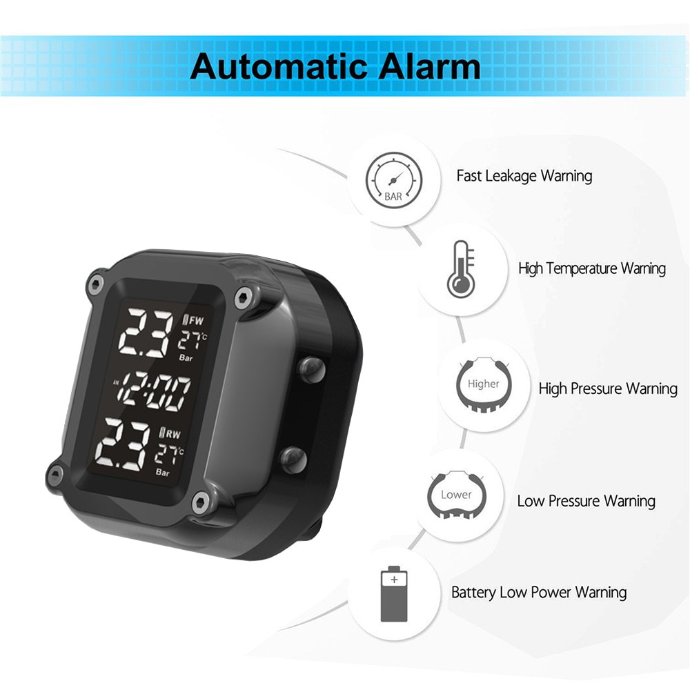 Waterproof Smart Charging Motorcycle TPMS Motor Tire Pressure Tyre Temperature Monitoring Alarm System with 2 External Sensors