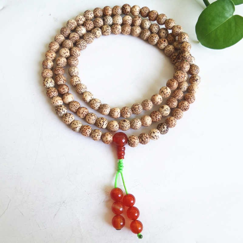 BRO835 Old Beige Yellow Star Moon Bodhi Meditation Prayer Mala Necklace with Red Carnelian Guru 108x8mm