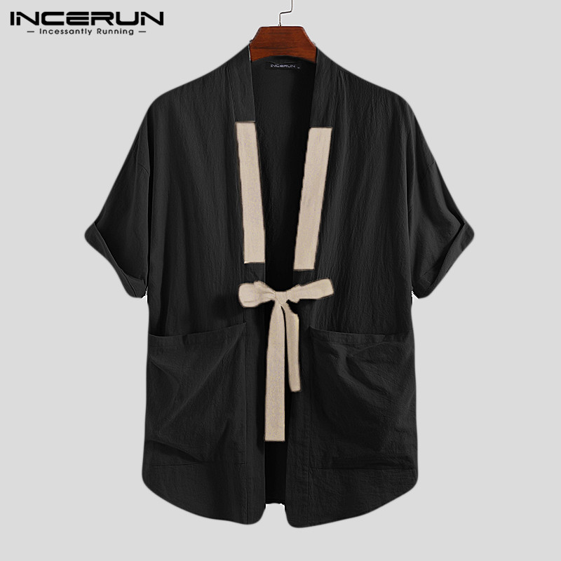INCERUN Style chinois hommes chemise Kimono coton solide Harajuku poches demi manches hauts Streetwear Vintage hommes chemises décontractées: Black Shirt / XXL
