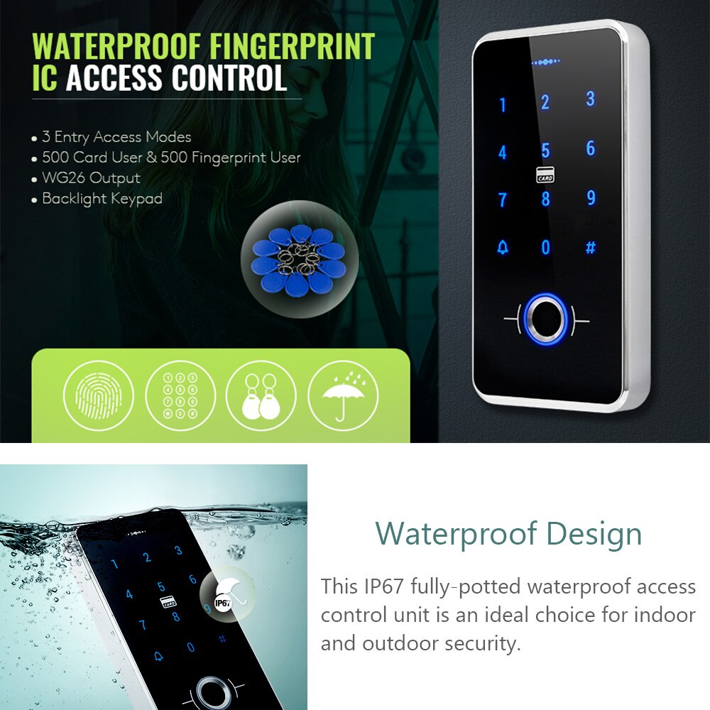 HOMSECUR IP67 Fully-potted Waterproof Door Access Control System IC Keypad 13.56MHz with Fingerprint Access+Wiegand 26 Output
