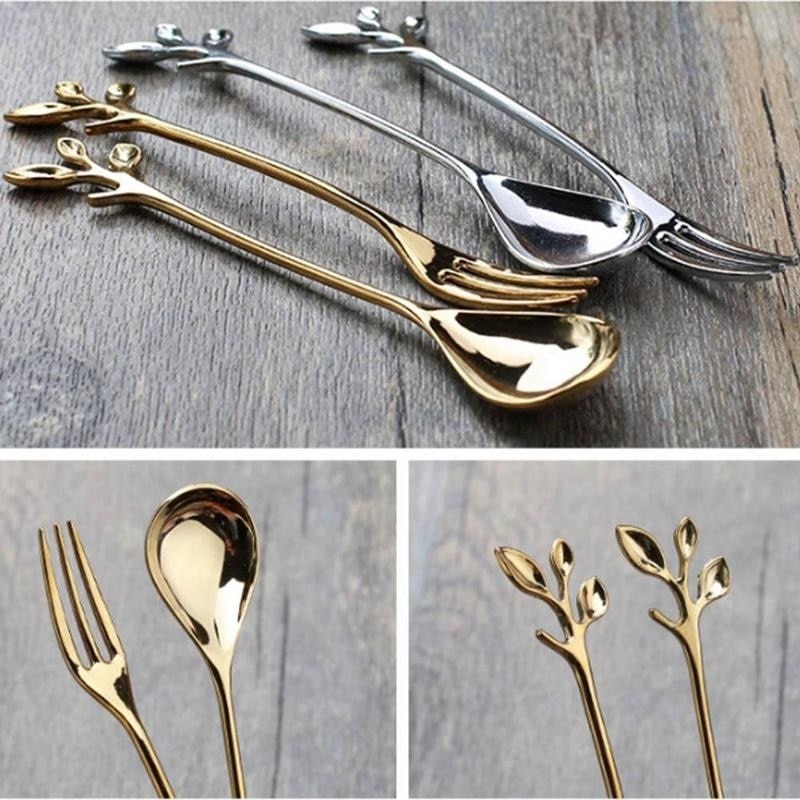 1pc legerede guldformede blade sølv kobber kaffegafler gaffel køkken bestik spisestue snackbar sød middagssæt 12cm