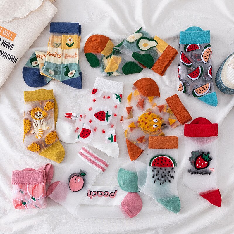 Calcetines de seda transparentes para mujer, medias femeninas de estilo japonés coreano, con estampado de frutas creativas, de vidrio ultrafino, 1 par