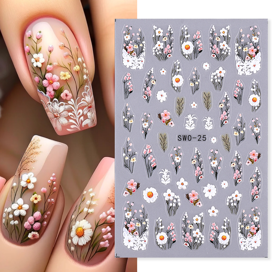 Pegatinas de Arte de uñas de mariquita de abeja 3D, hojas de otoño, margaritas florales, deslizador, calcomanía de pájaro Animal lindo, decoración de manicura, puntas de uñas, Belleza: Verde