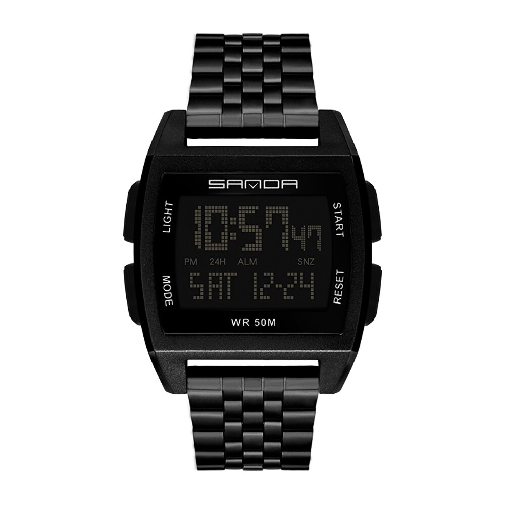 SANDA Watch Square Men Watches Stainless Steel Multi-Function Electronic Watches Luminous Waterproof Casual Sport Watch: Black
