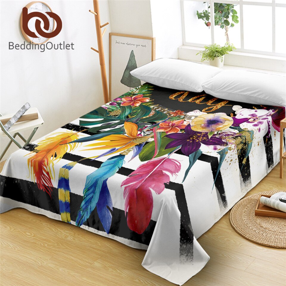 BeddingOutlet-sábana Floral para cama, colcha rosa, Sábana plana a rayas, flores, Textiles para el hogar, plumas, ropa de cama, sabanas Queen