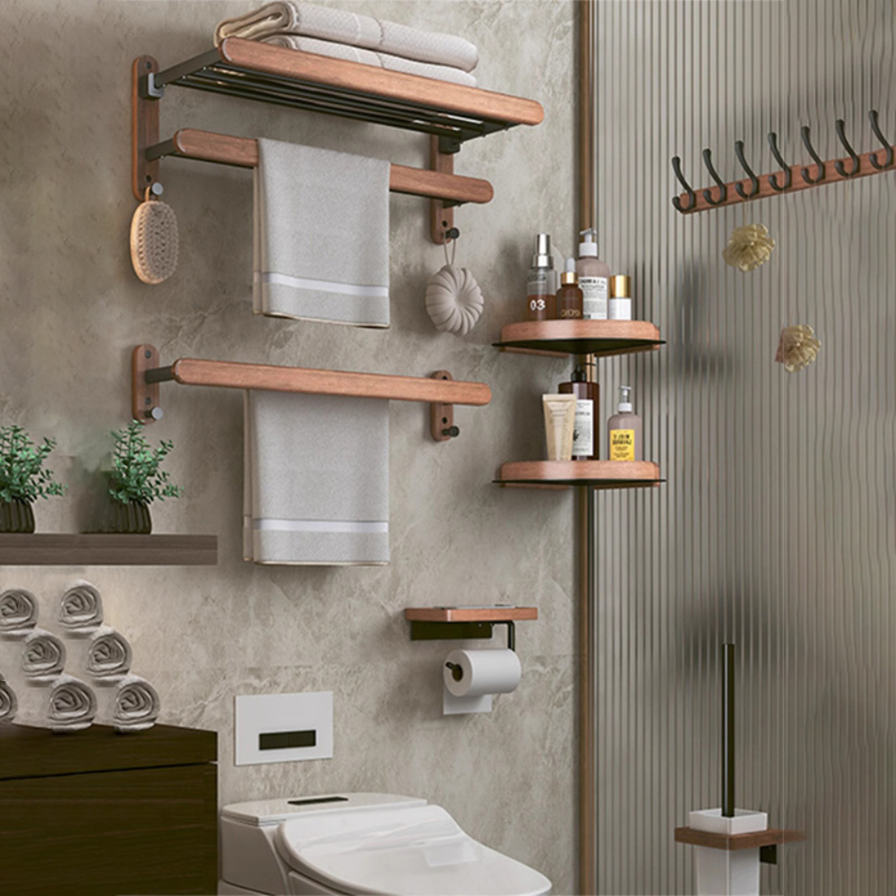 Juego de accesorios de baño de madera de nogal negro, toallero de baño, soporte de papel higiénico, estante de barra de toalla, accesorios de baño