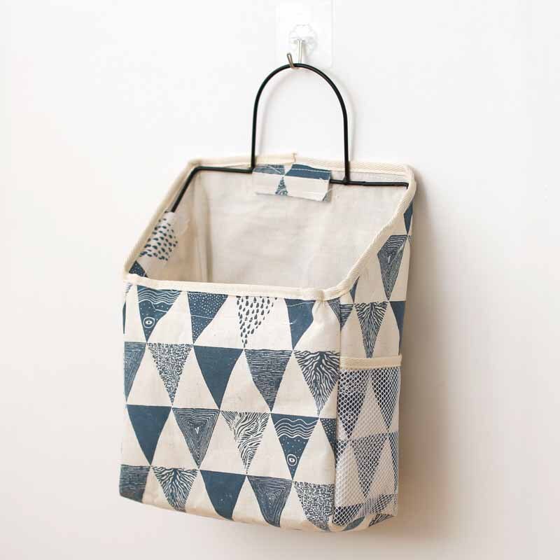 ONEUP Wall Hanging Storage Bags Cotton Linen Door Waterproof Bedroom Wall Hanging Home Office Books Sundries Organizer Bag: Blue triangle