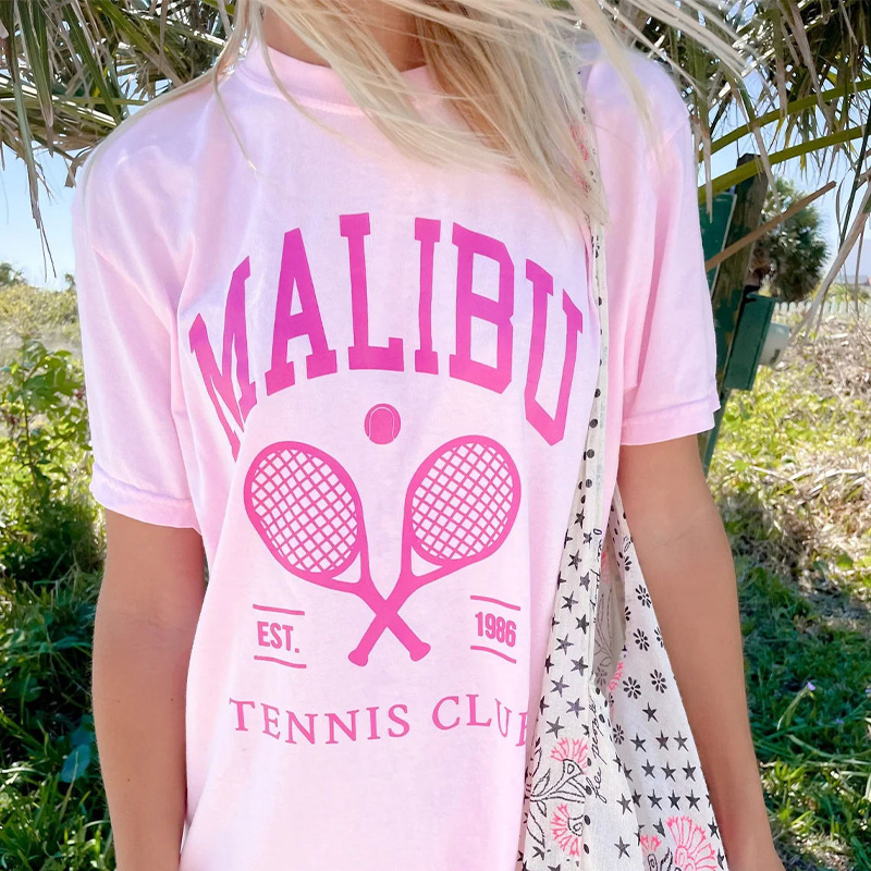 American malibu tennis club dame  y2k lyserøde t-shirts til kvinder med korte ærmer, løse bomulds-sommer-t-shirts med print: Xl / Grå