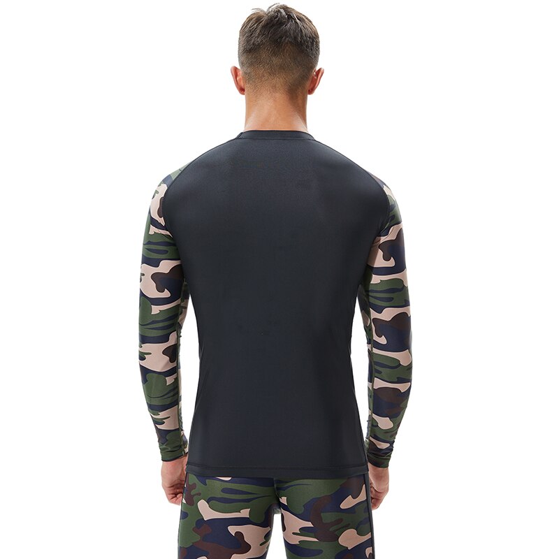 Herr långärmad rash guard sportkläder skarva uv solskydd bas skinn kamouflage surfing dykning simning t-shirt