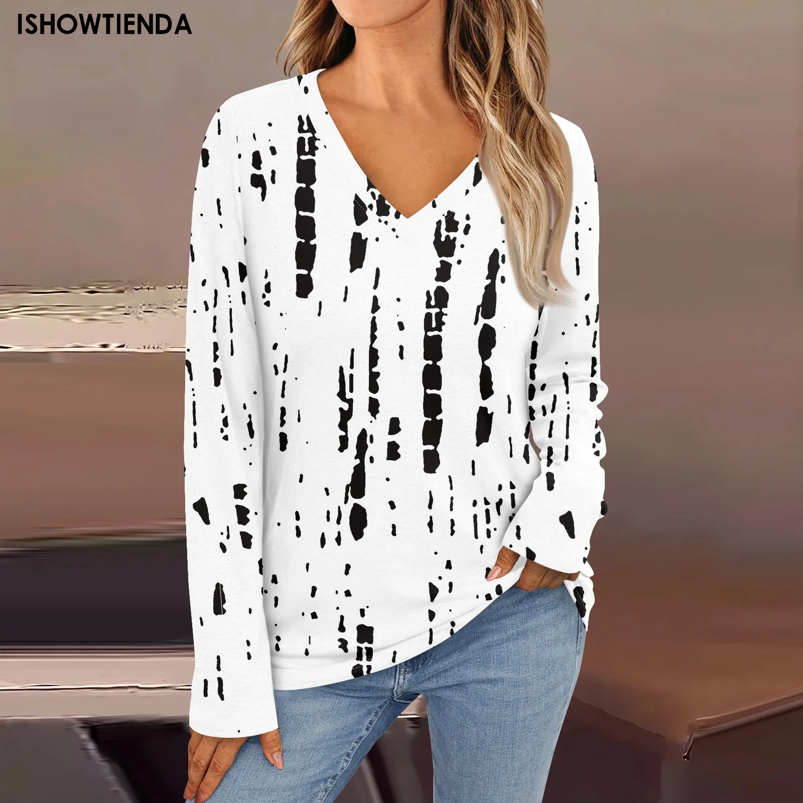 Women Floral Printed T-shirts Casual V Neck Full Long Sleeve Shirts Tops Ladies Basic Kniited Tee Shirts Ladies Top