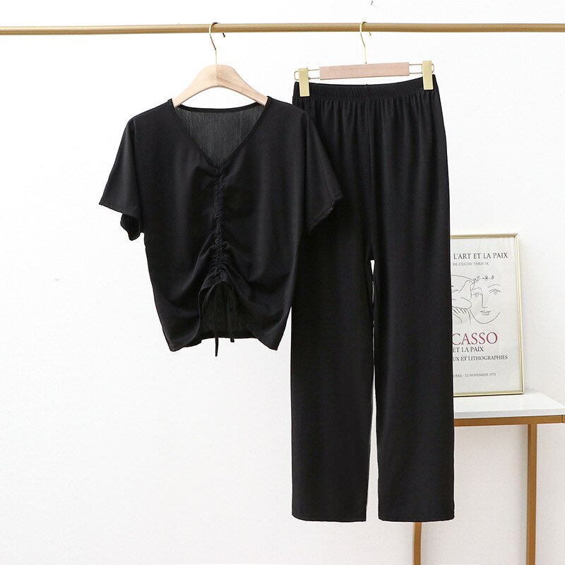 Woman 2pcs Pajama Sets V-Neck Short Sleeve Sexy Top and Elastic Waist Full Length Loose Wide Leg Pants Homewear and Outwear Set: Black