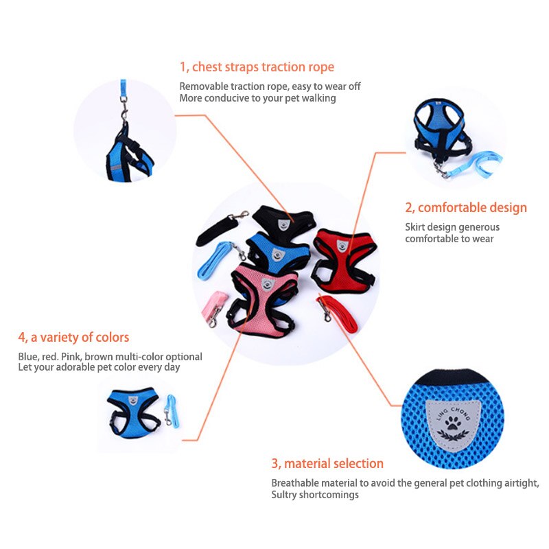 Conjunto de arnés y correa transpirable para perros y gatos pequeños, malla de nailon de aire, accesorios de ropa para cachorros, chaleco, red para Chihuahua