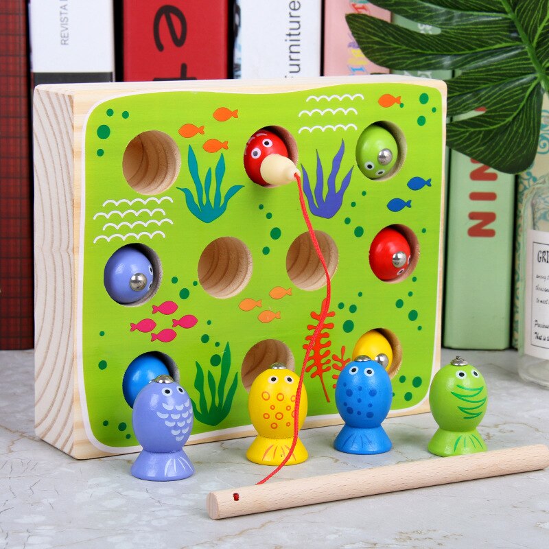 Massief Houten Kinderen 3D Stereo Vissen Speelgoed Zwembad Set Jongens En Meisjes Kitten Vissen Magnetische Game Speelgoed Voor Baby