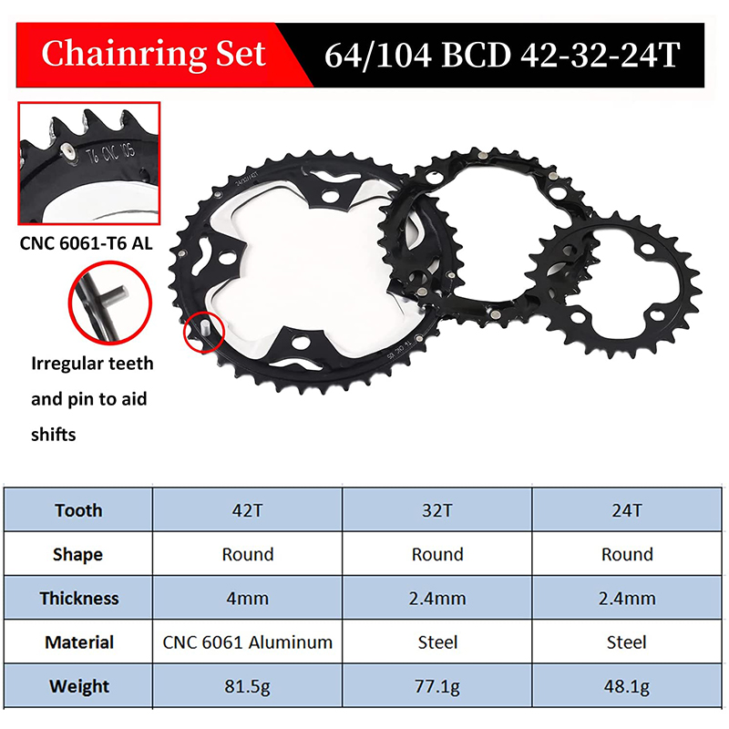 BUCKLOS 104/64 BCD plato de bicicleta 22T 24T 26T 32T 38T 42T 44T MTB plato 9S 10S rueda de cadena de bicicleta de montaña piezas de bicicleta