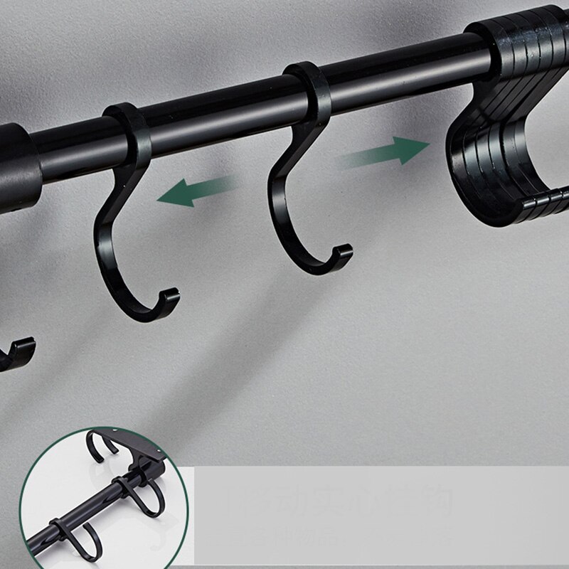 Kitchen Utensil Hook Rack Aluminum Wall Mounted Pantry Tool Holder Black Bathroom Sundry Hook Hanging Rod Shelf Organizer