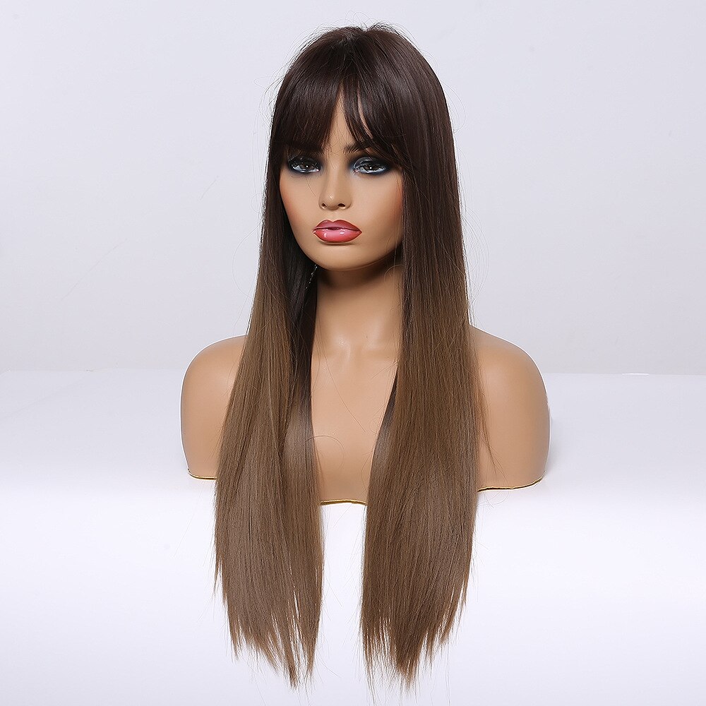 EASIHAIR, pelucas largas rectas de color negro a marrón con flequillo, pelucas sintéticas de pelo Natural, pelucas de Cosplay diarias, resistentes al calor