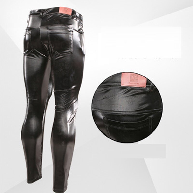 Pu imiteret læder punk pencil pants elastiske stramme bukser læderbukser mænd motorcykel konveks gaffel legging printet mønster skinny