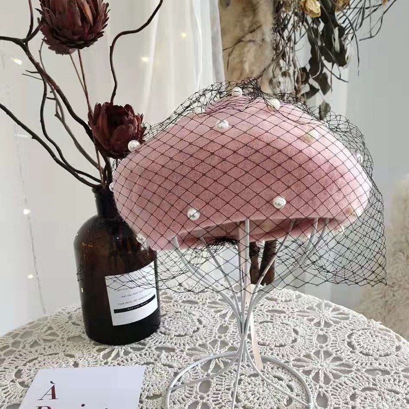 Lady Autumn Winter Berets Hat Pearl Lace Veil Painter Hat Women Sweet Vintage Berets Caps Female Bonnet Warm Walking Cap: 08
