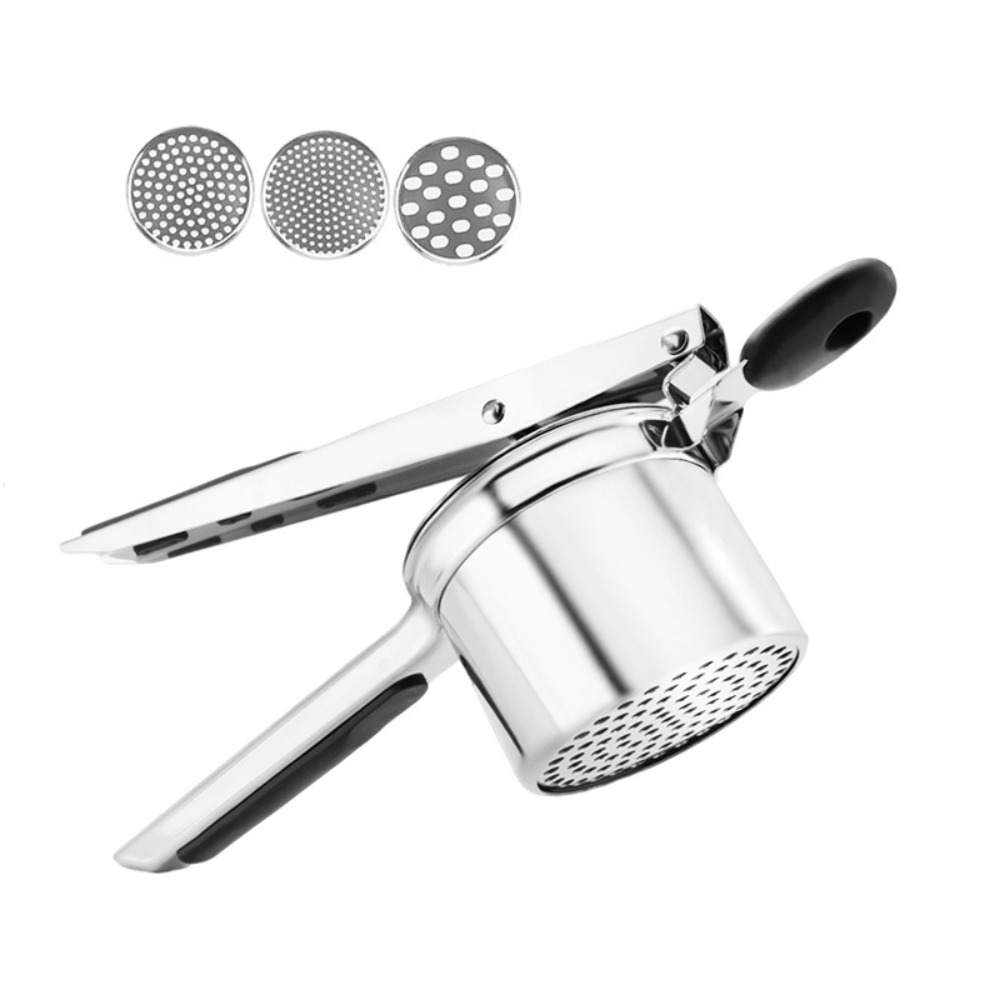 Nerezový mačkadlo na zemiaky, manuálna silikónová rukoväť, lis na zemiaky s 3 vymeniteľnými diskami, odšťavovač: Hnedá