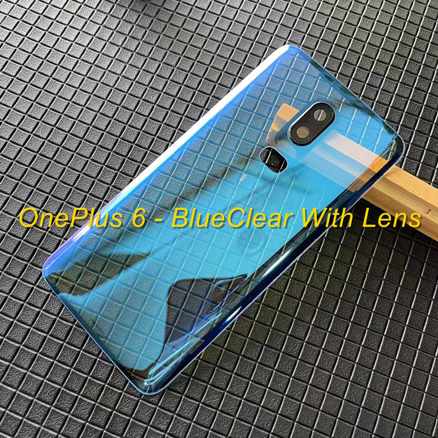 Cubierta de vidrio trasero para Oneplus 6 6T, cubierta de batería One Plus 6T, carcasa de puerta trasera, Panel de vidrio trasero Oneplus 6, cubierta de vidrio trasero + lente de cámara: 6-BlueClear