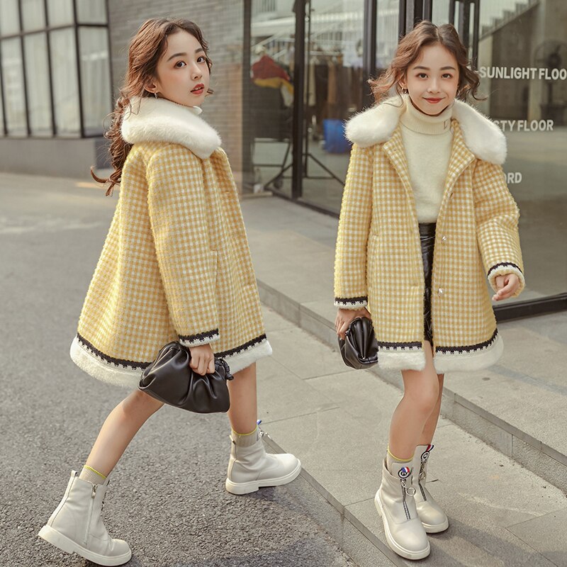 Kids Girls Woolen Jackets Winter Long Plaid Woolen Jackets Fur Collar Outerwear Teenager Girl Wool Coat Children Clothing
