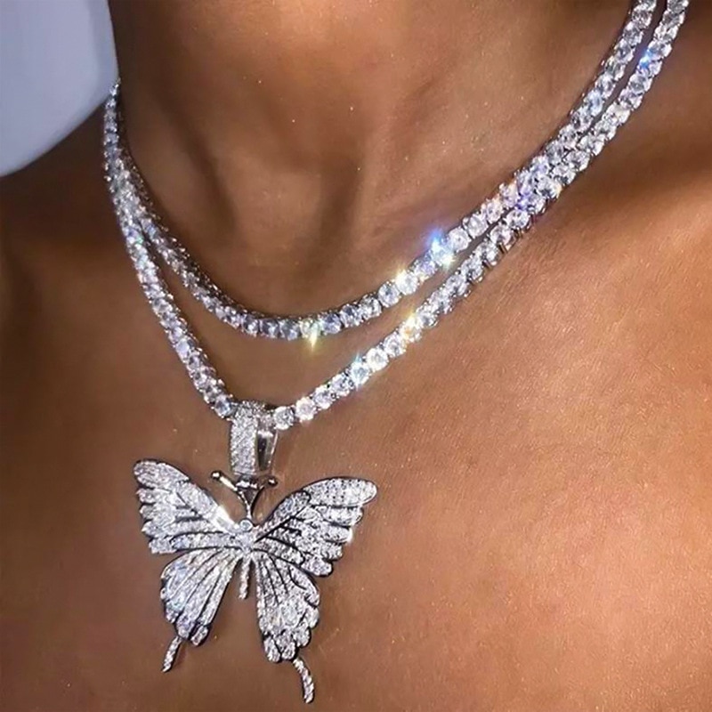 Collar con colgante de mariposa grande brillante para mujer, cadena de diamantes de imitación para mujer, gargantilla de cristal, joyería de temperamento