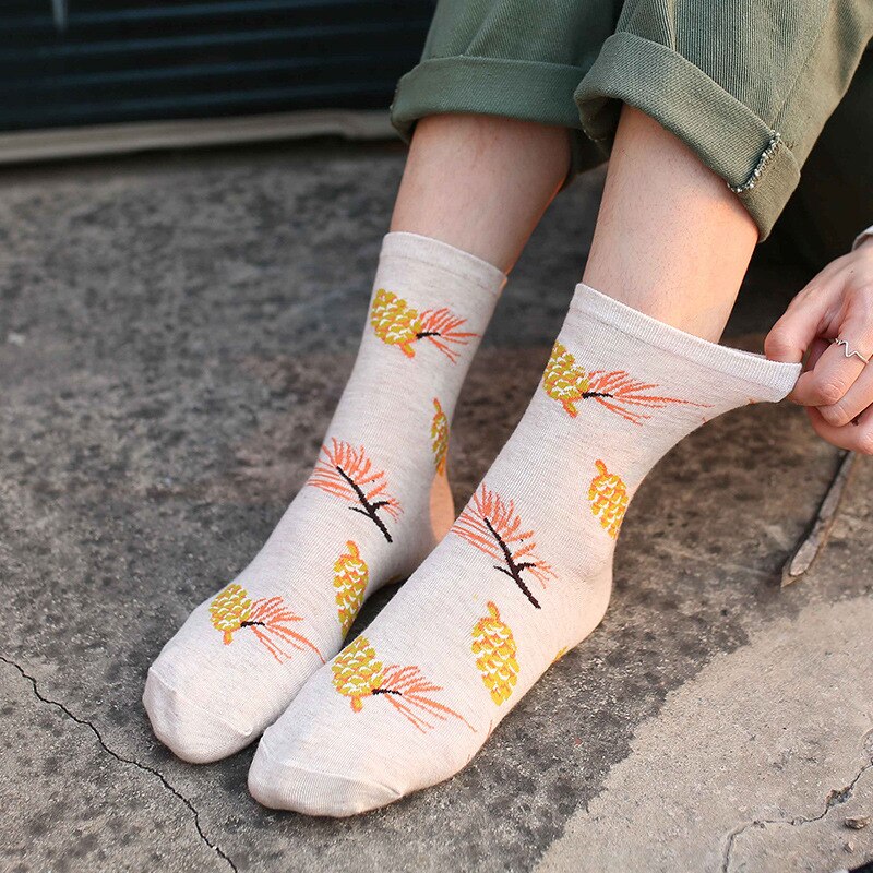 Etnische Stijl Art Vrouw Sokken Cotoon Met Leaf Cartoon Grappige Sokken Vrouwen Voor Lente Herfst Cartoon Calcetines Meias B0013