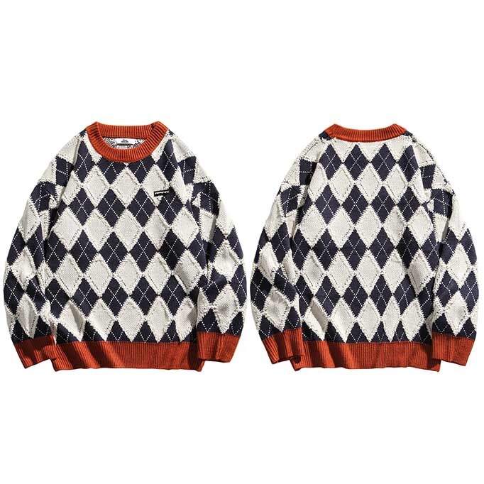 Hip Hop Trui Mannen Streetwear Harajuku Trui Argyle Gebreide Trui Katoen Casual Vintage Retro Plaid Trui Geruite: A500514 Blue / Asian M