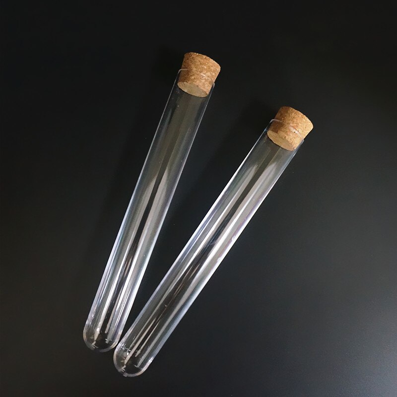 100 stk / lot 20 x 150mm reagensglas af plast med korkpropp til venlige laboratorieeksperimenter og test