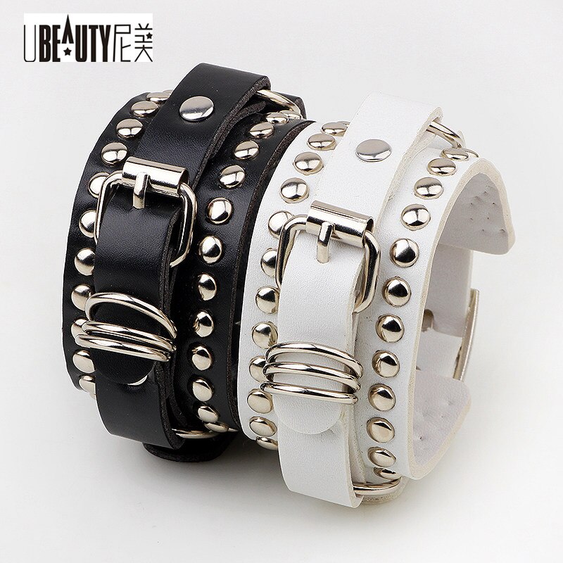 Womens Mens Punk Metal Rivets Wide Leather Bracelets with adjustable buckle,Rock & Roll Leather Bracelets