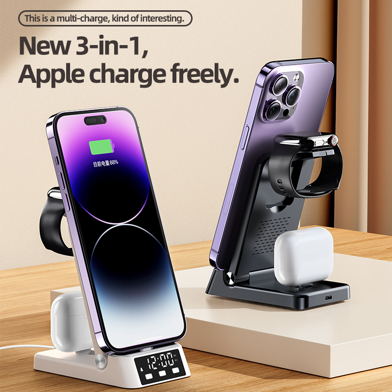 Support de chargeur sans fil pliable 4 en 1, horloge, alarme, pour iPhone 14 13 12 11, Samsung Galaxy Apple Watch 8/7/6, Station de charge rapide
