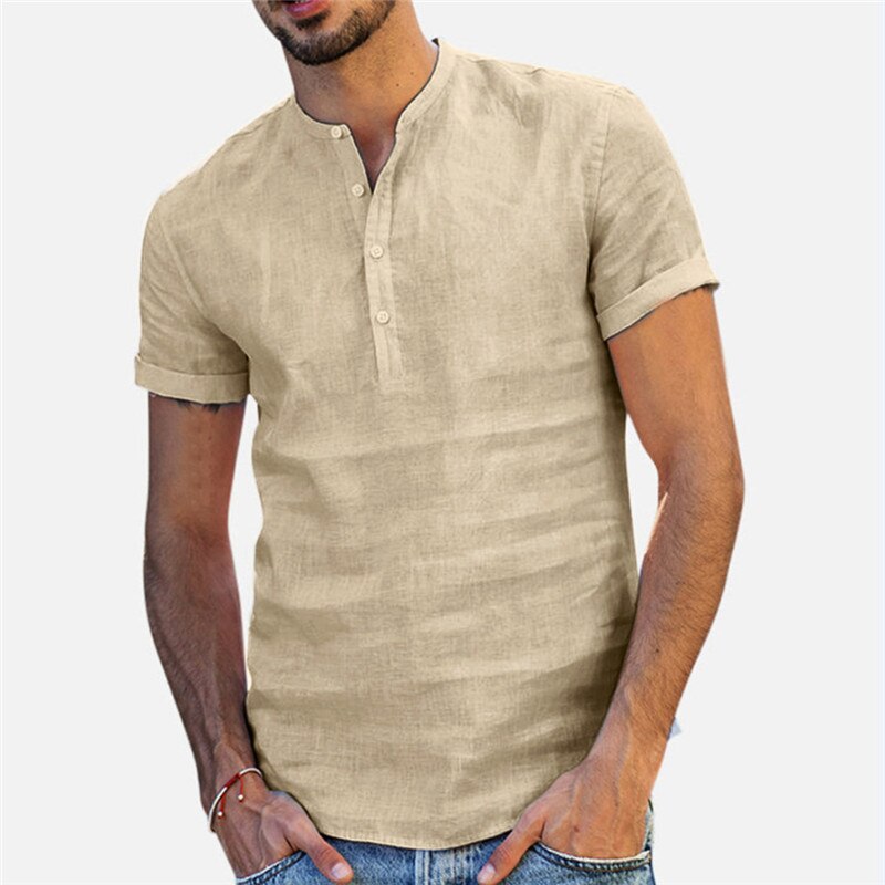 Casual heren overhemden zakelijk korte mouw omslagkraag herenoverhemd slim fit populaire ontwerpen: Khaki / Xxl