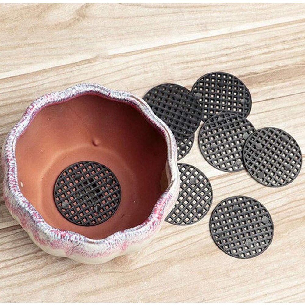 100pcs Natural Rubber Flower Pot Mat and Flower Pot Hole Mesh Pad Bottom Grid Mat for Anti Corrosion Breathable(Round-Black)