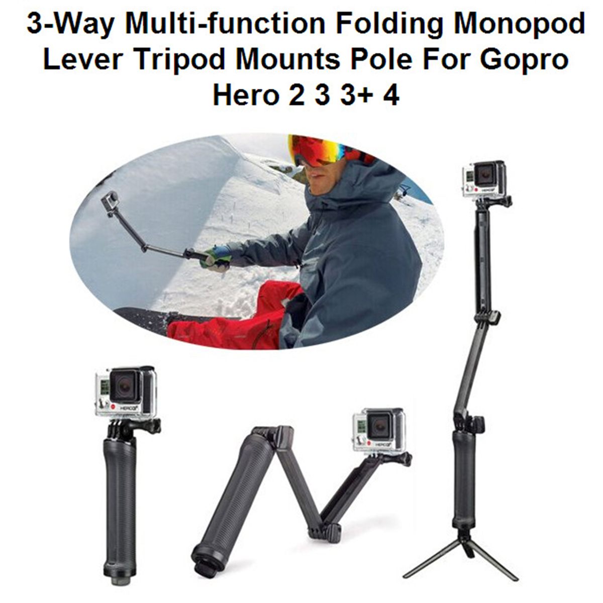 GoPro 3-Way Monopod ArmMount Adjustable stand Bracket Handheld Grip 3 Way Tripods For Hero 4/3+ 3 SJ4000 SJ5000 Accessories