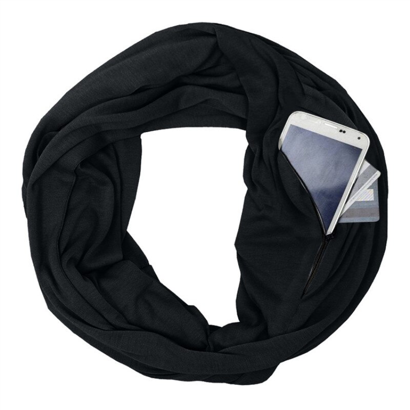 Unissex loop cachecóis para mulheres meninas leve conversível infinito cachecol envoltório com bolso com zíper escondido elástico lenço de viagem: Black