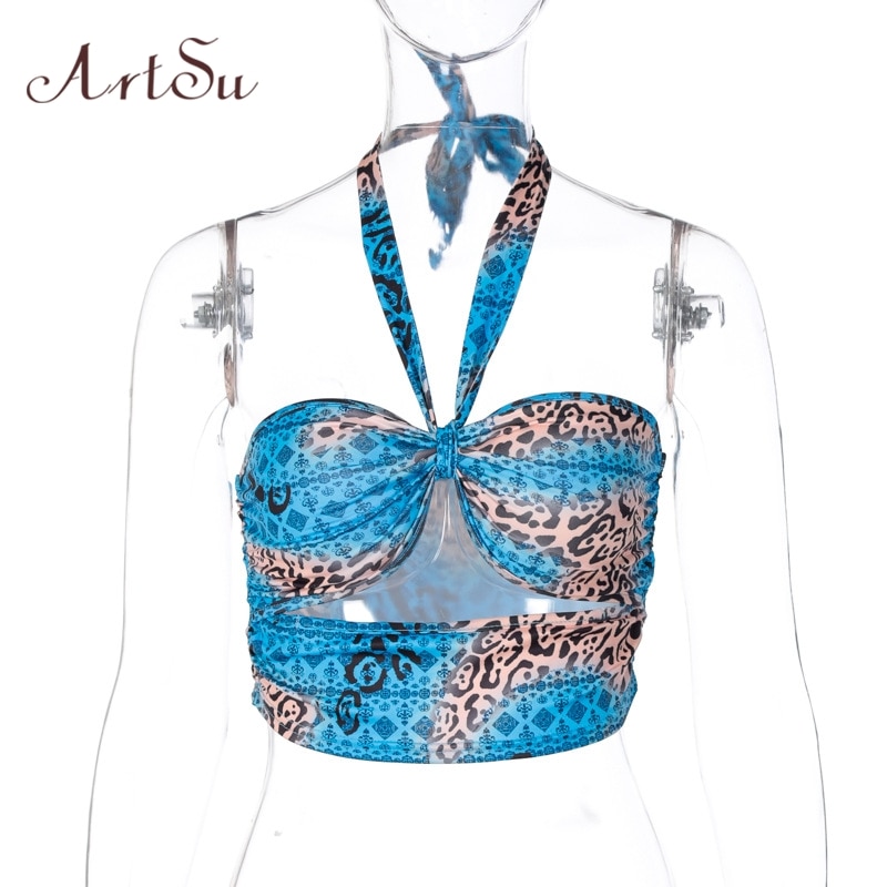 ArtSu cravate teinture imprimé léopard femmes haut court camis évider dos nu moulante sexy streetwear fête clubwear VE52263