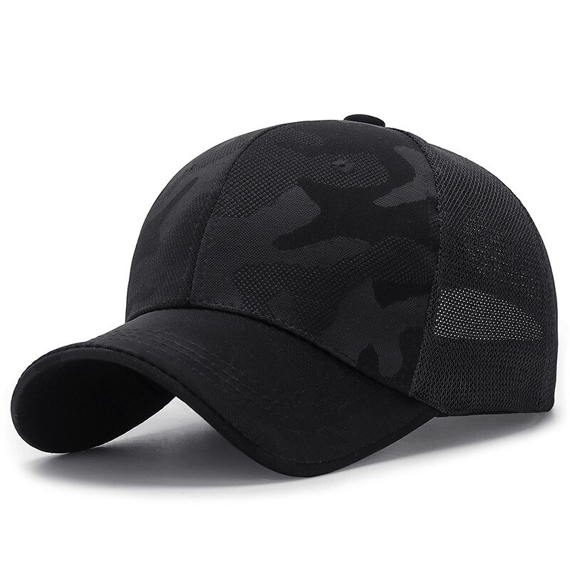 Camouflage baseball kasket forår og efterår udendørs fritid enkel solhat mænd og kvinder golfhat justerbar snapback kasket: Sort mesh