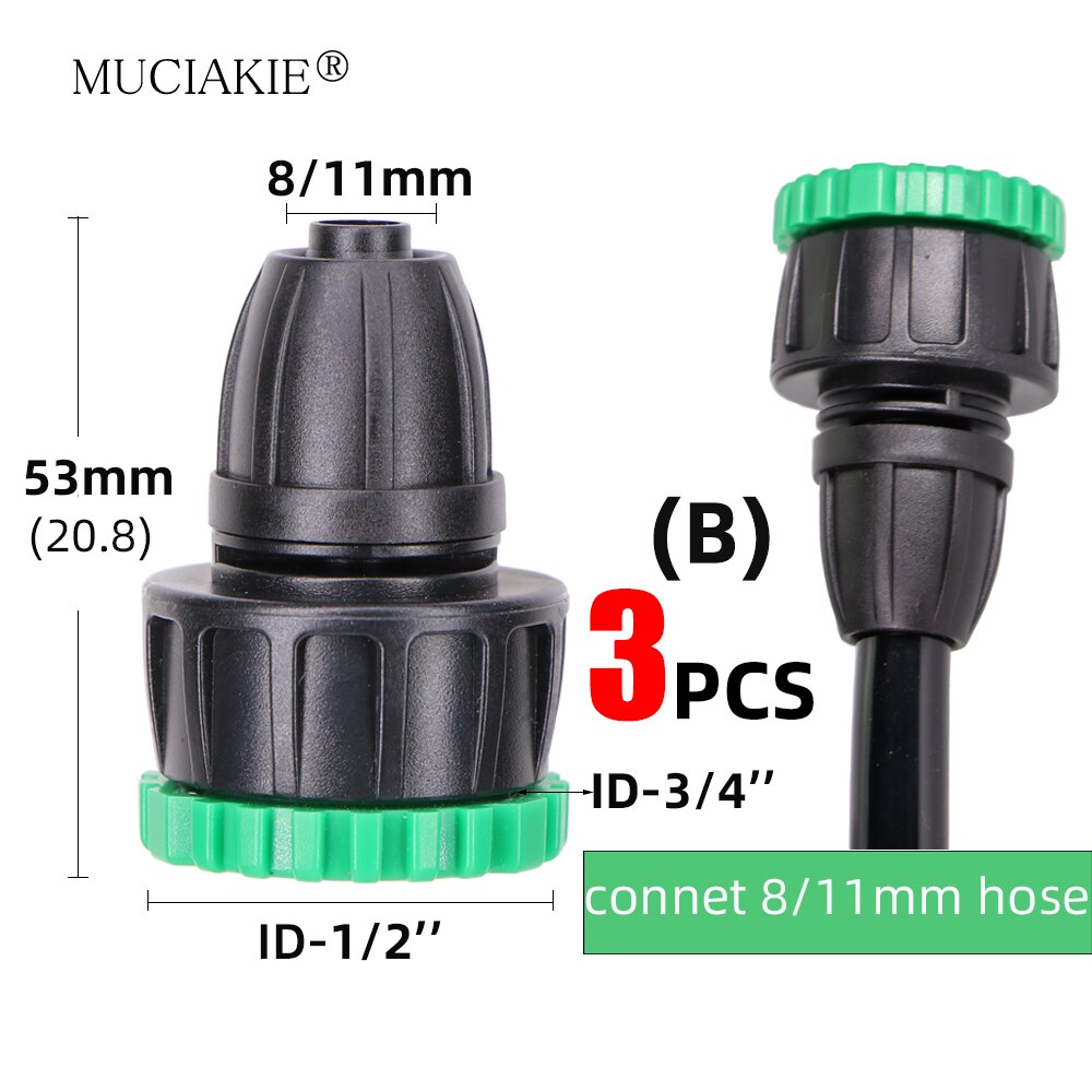 MUCIAKIE 3PCS Garden Tap 1/2" 3/4" Female Thread To 4/7mm 8/11mm 16mm Hose Adapter Garden Water Connester Micro Tubing Connecter: B