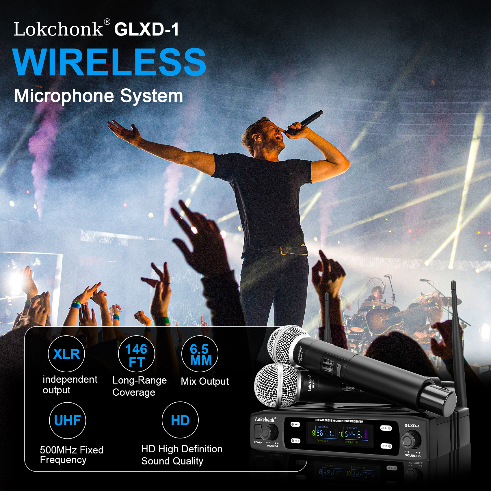 GLXD1 Wireless Microphone System Dual Channel UHF Fixed Frequency Cordless Handheld Dynamic Mic For Karaoke Party