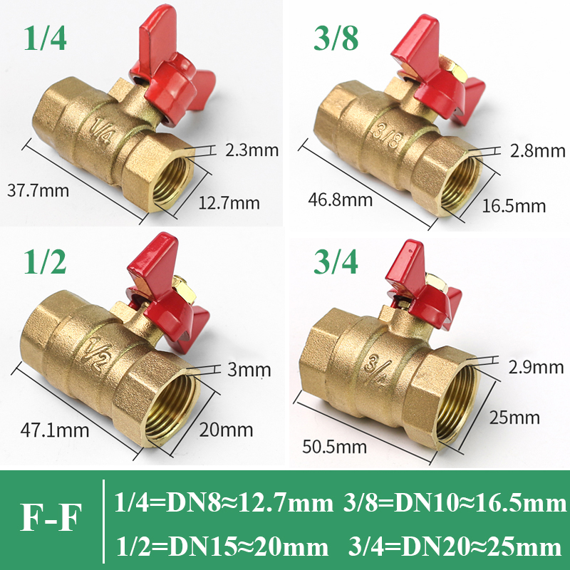 Shutoff Ball Valve Female To Female Thread Two Way Brass With Butterfly Handle For Fuel Gas Water Oil Air 1/4" 3/8" 1/2" 3/4"